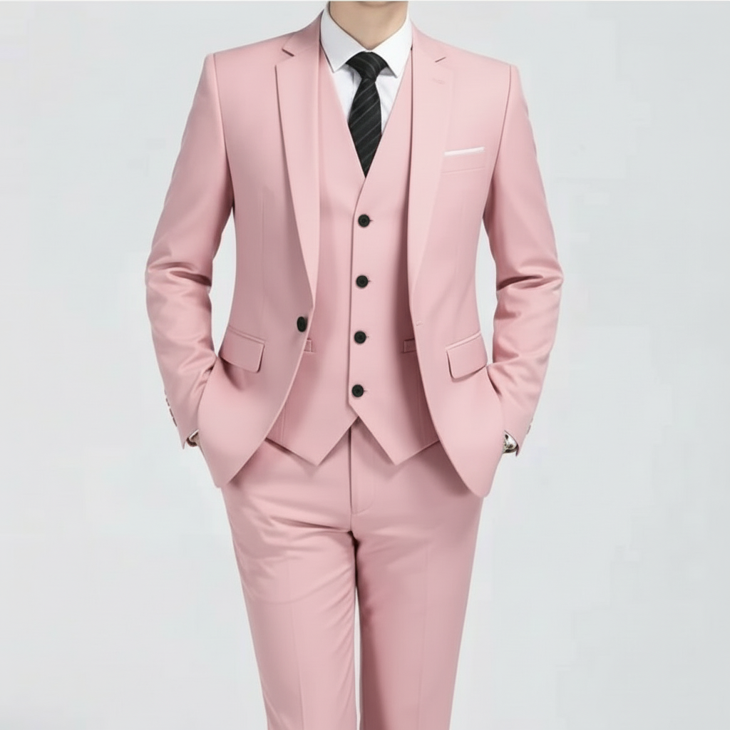Heren Slim Fit Driedelig Pak met Eén Knoop Lichtroze