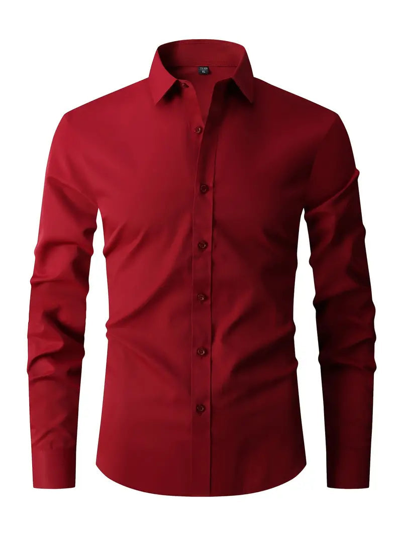 Heren Slim Fit Overhemd Lange Mouw met Klassieke Kraag en Knoopsluiting Rood