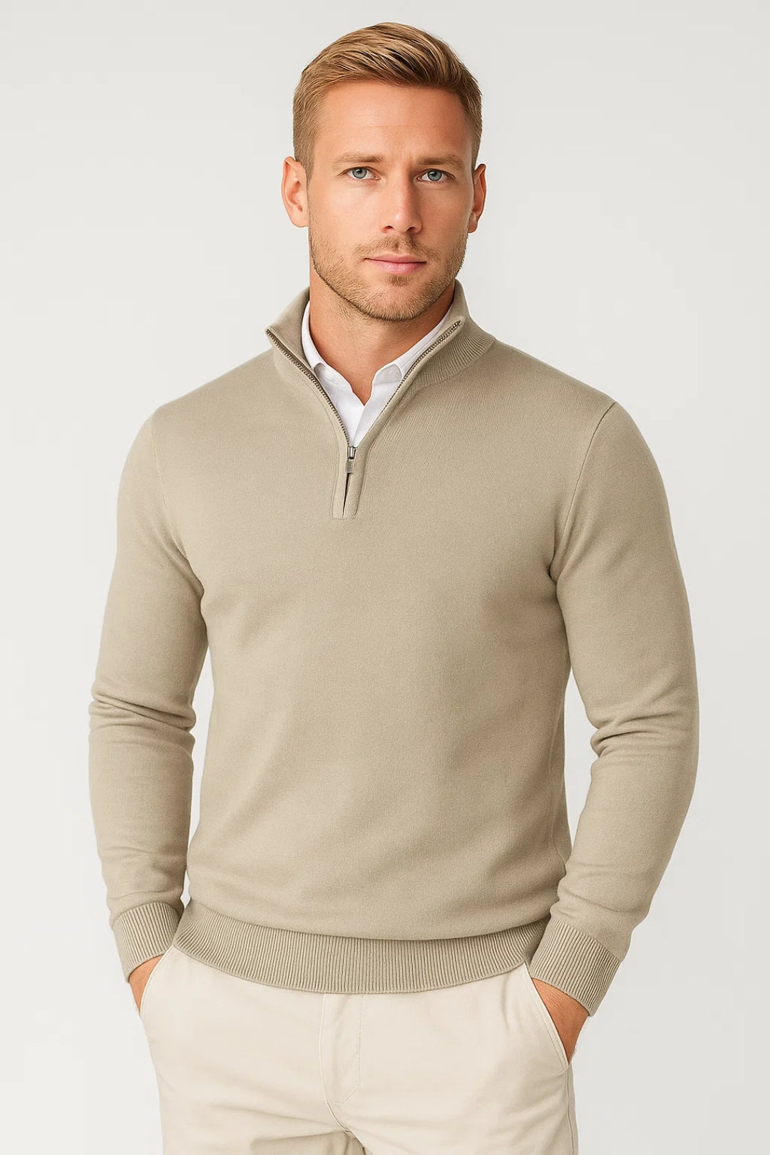 Heren Sweater met Halve Rits en Hoge Hals Beige