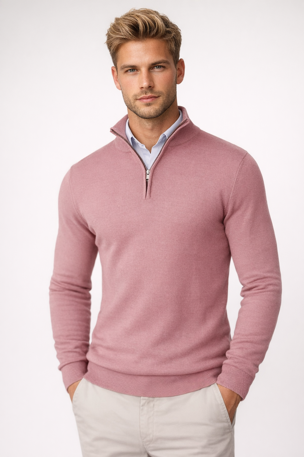 Heren Sweater met Halve Rits en Hoge Hals Roze