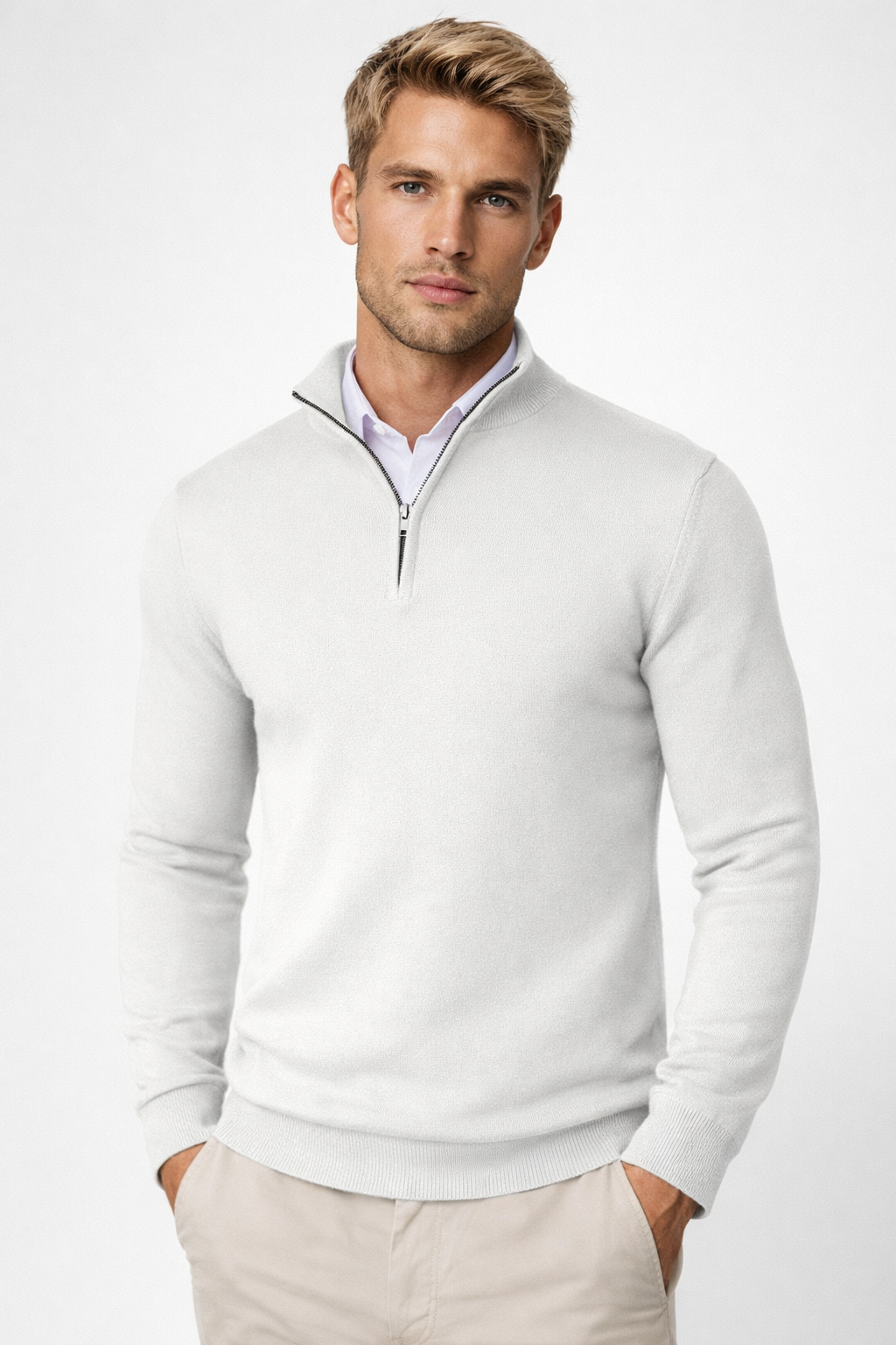 Heren Sweater met Halve Rits en Hoge Hals Wit