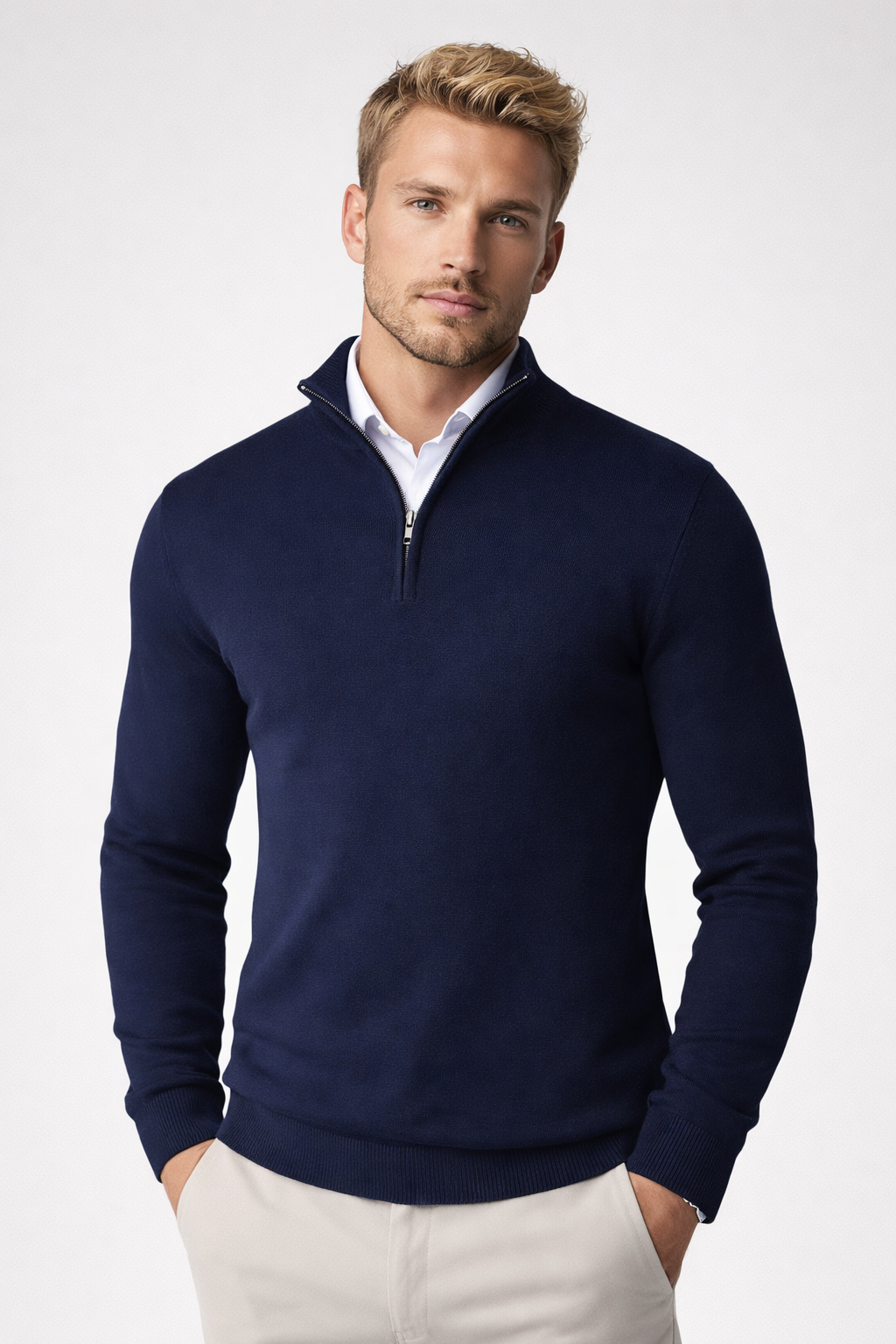 Heren Sweater met Halve Rits en Hoge Hals Blauw