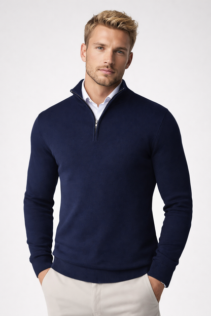 Heren Sweater met Halve Rits en Hoge Hals Blauw