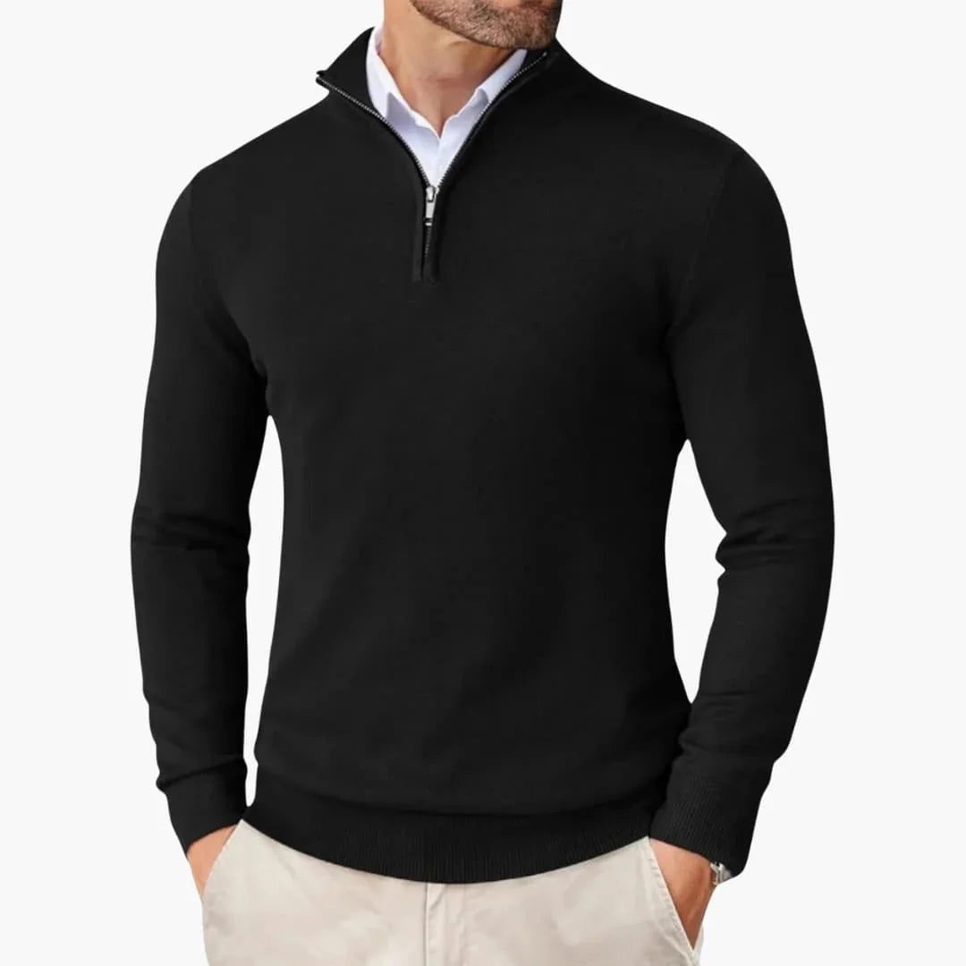 Heren Sweater met Kwart Rits en Opstaande Kraag Zwart