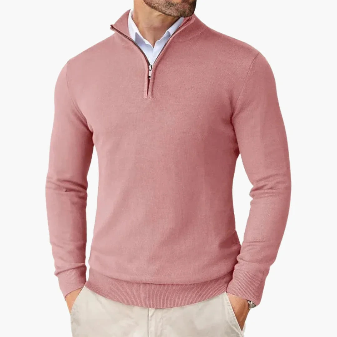 Heren Sweater met Kwart Rits en Opstaande Kraag Roze