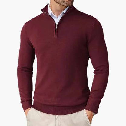 Heren Sweater met Kwart Rits en Opstaande Kraag Bordeauxrood