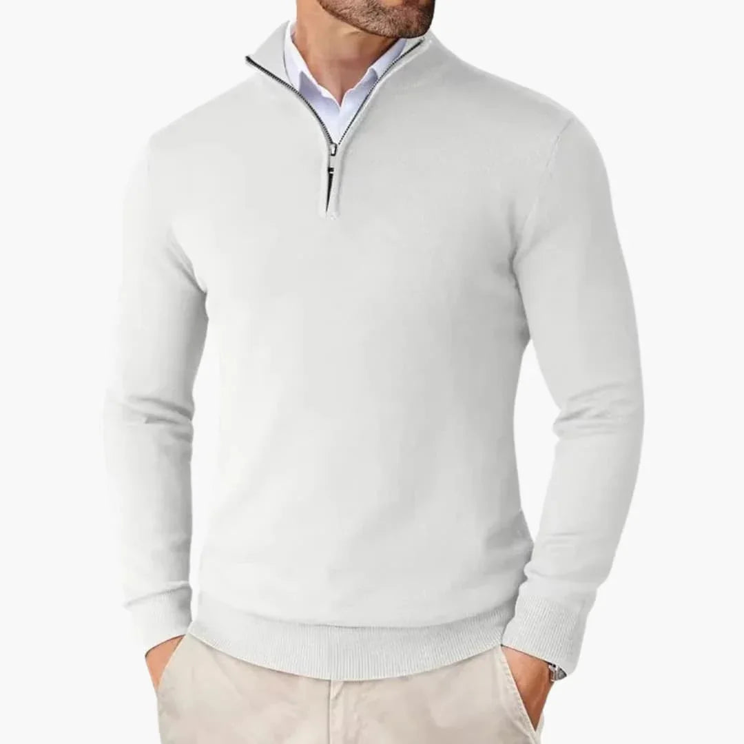 Heren Sweater met Kwart Rits en Opstaande Kraag Wit