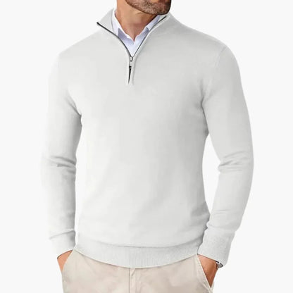 Heren Sweater met Kwart Rits en Opstaande Kraag Wit