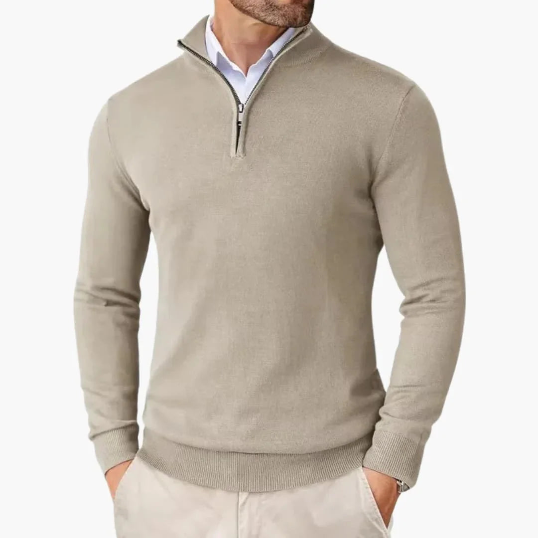 Heren Sweater met Kwart Rits en Opstaande Kraag Beige