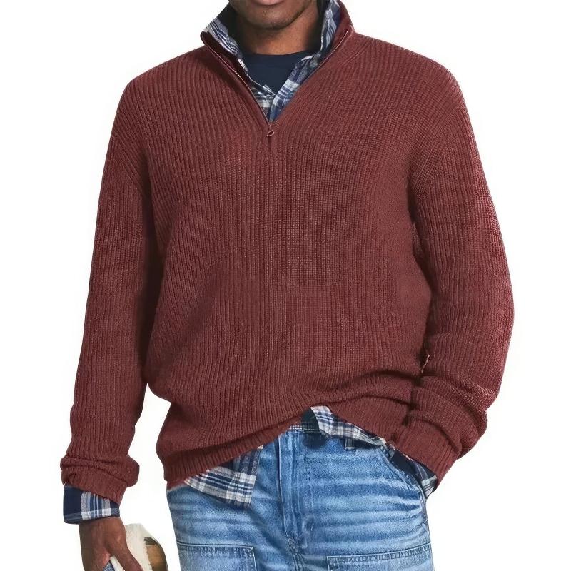 Heren Sweater met Opstaande Kraag en Kwart Rits Rood