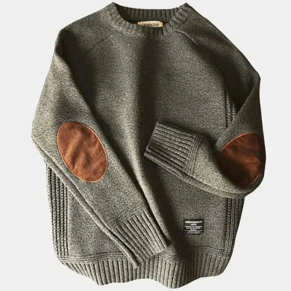 Heren Sweater met Ronde Hals en Elleboogpatches Lange Mouw Grijs
