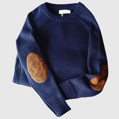Heren Sweater met Ronde Hals en Elleboogpatches Lange Mouw Blauw