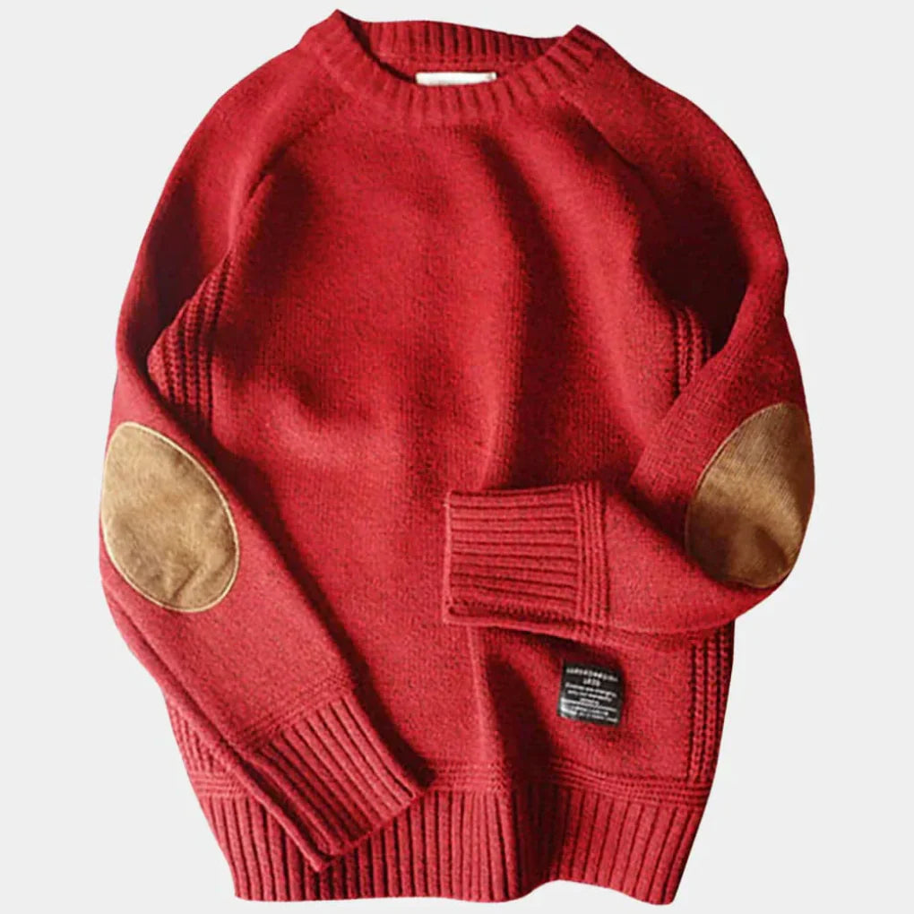 Heren Sweater met Ronde Hals en Elleboogpatches Lange Mouw Rood