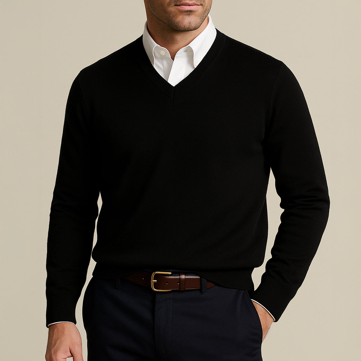 Heren Sweater met V-hals en Lange Mouwen Regular Fit Zwart