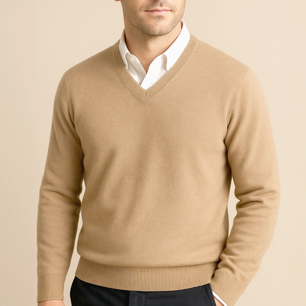 Heren Sweater met V-hals en Lange Mouwen Regular Fit Beige