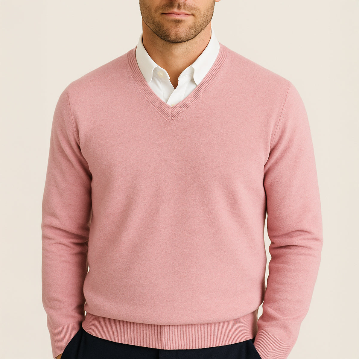 Heren Sweater met V-hals en Lange Mouwen Regular Fit Roze