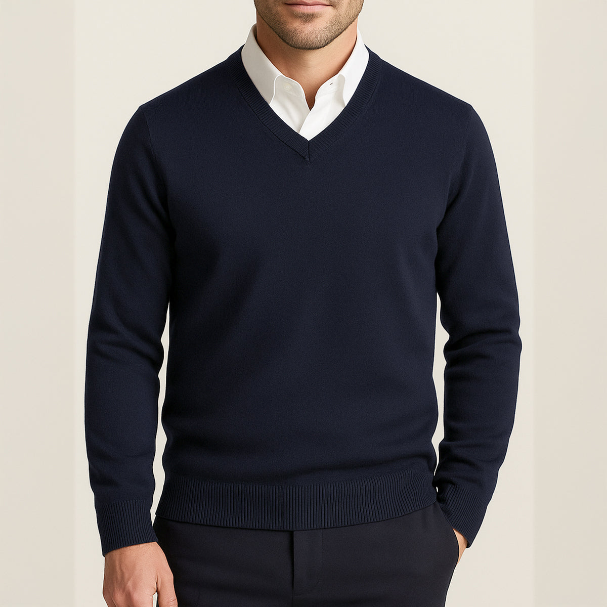 Heren Sweater met V-hals en Lange Mouwen Regular Fit Marineblauw