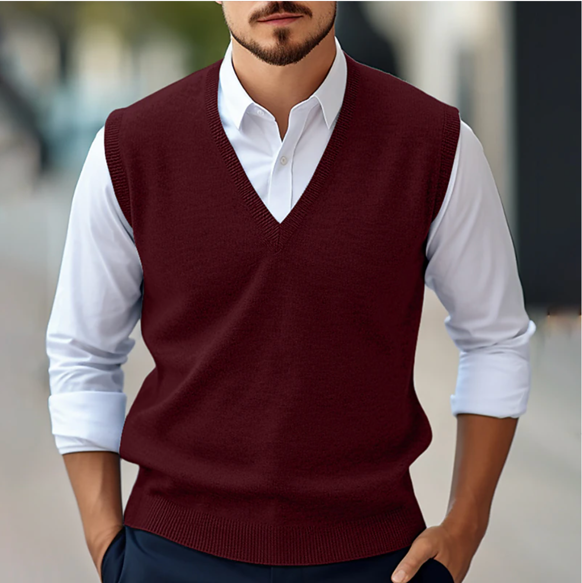 Heren Sweater Vest met Diepe V-hals en Slim Fit Rood
