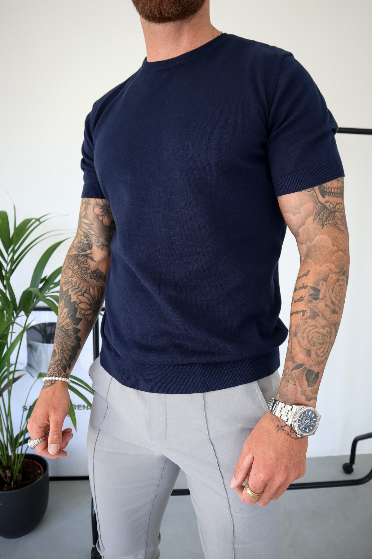 Heren T-Shirt Korte Mouw met Ronde Hals en Slim Fit Marine