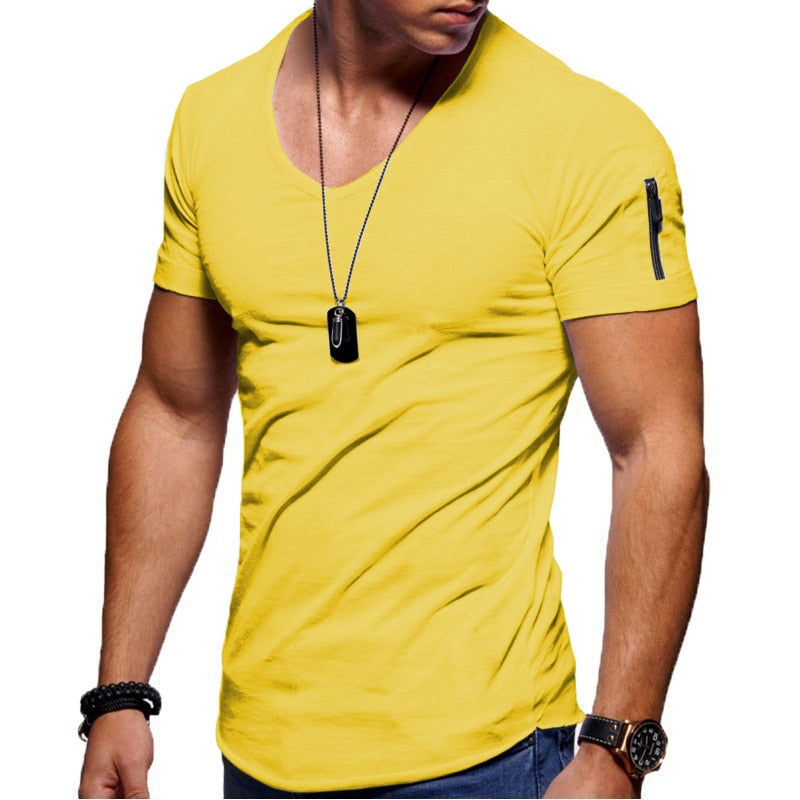 Heren T-shirt Korte Mouw met V-hals en Ritsdetail Slim Fit Geel