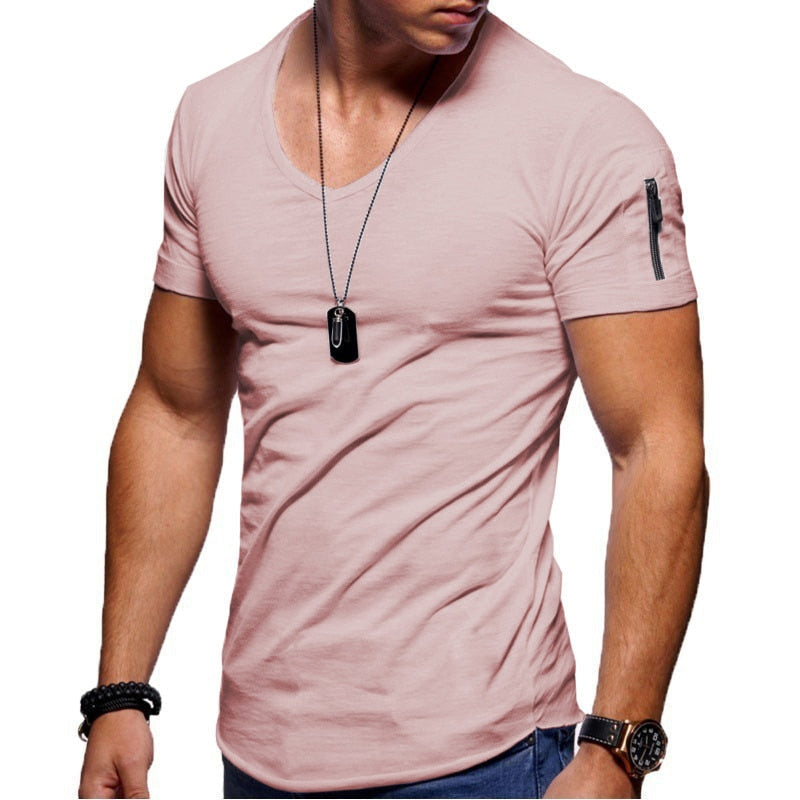 Heren T-shirt Korte Mouw met V-hals en Ritsdetail Slim Fit Roze