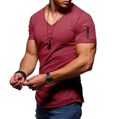 Heren T-shirt Korte Mouw met V-hals en Ritsdetail Slim Fit Bordeauxrood