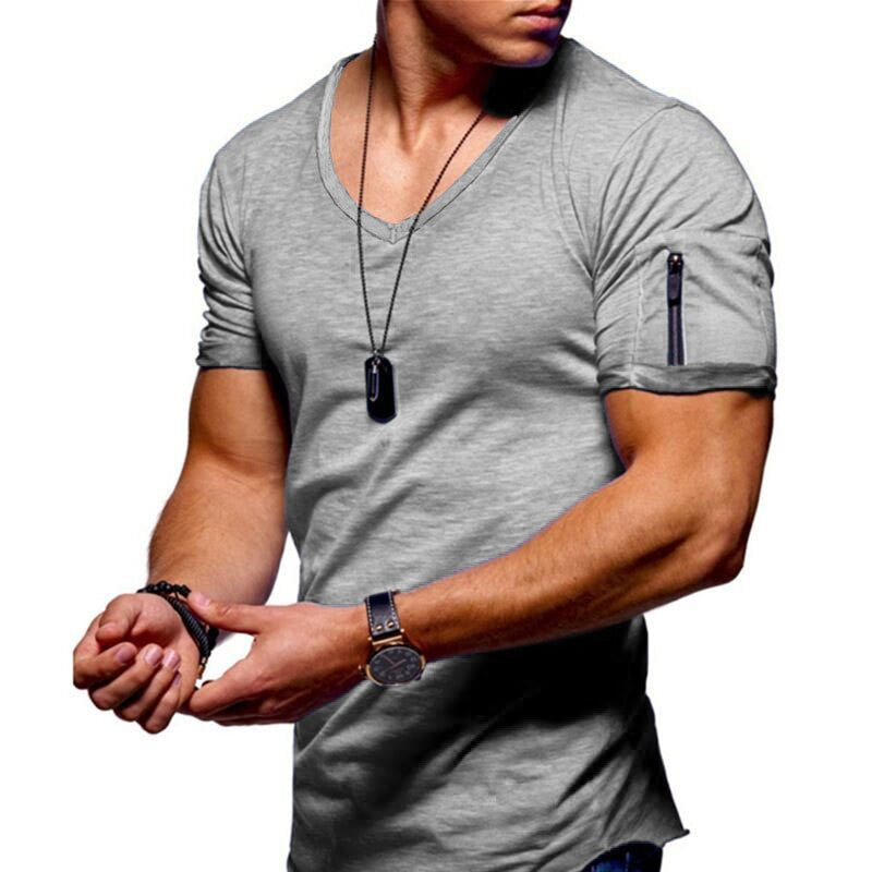 Heren T-shirt Korte Mouw met V-hals en Ritsdetail Slim Fit Lichtgrijs