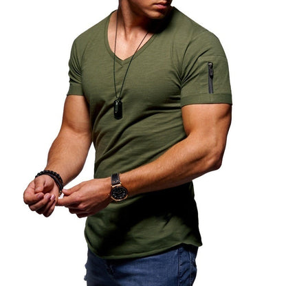 Heren T-shirt Korte Mouw met V-hals en Ritsdetail Slim Fit Legergroen