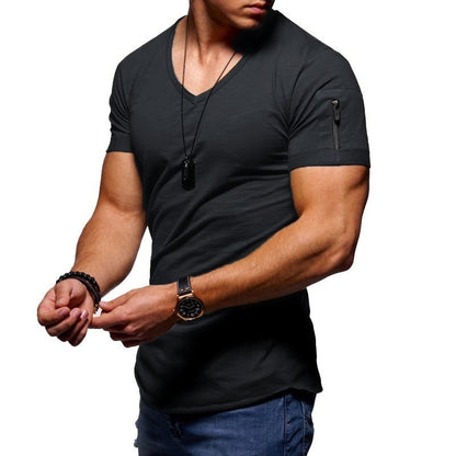 Heren T-shirt Korte Mouw met V-hals en Ritsdetail Slim Fit Zwart