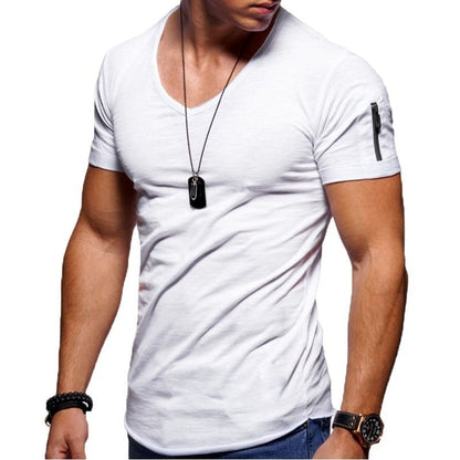Heren T-shirt Korte Mouw met V-hals en Ritsdetail Slim Fit Wit