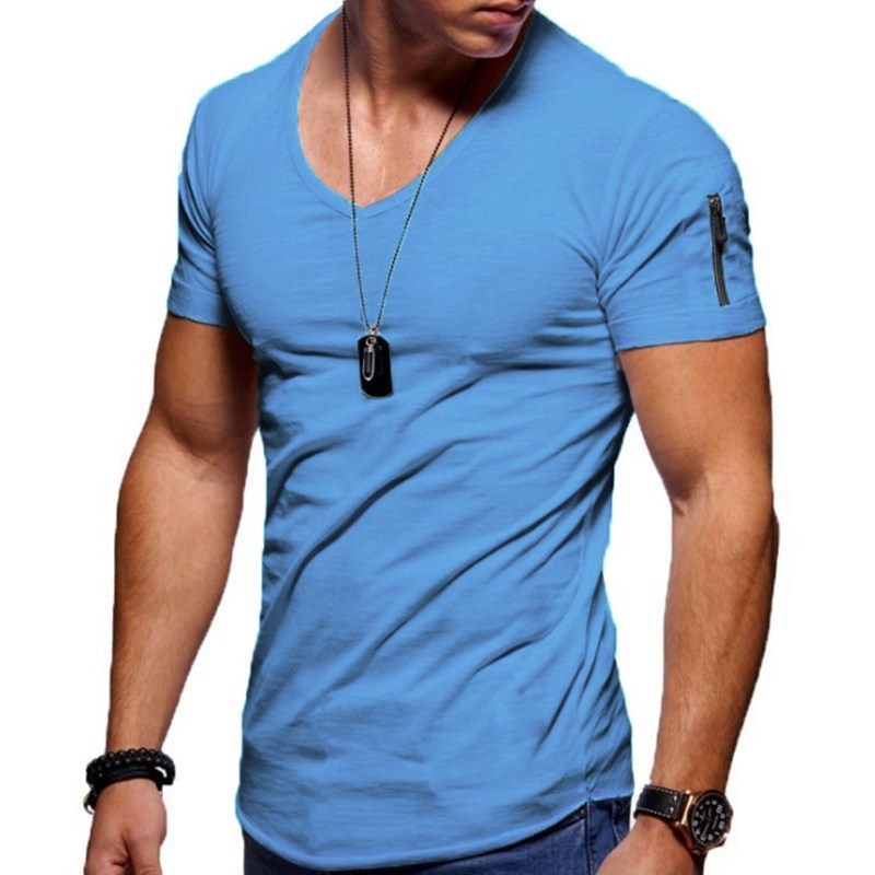Heren T-shirt Korte Mouw met V-hals en Ritsdetail Slim Fit Lichtblauw