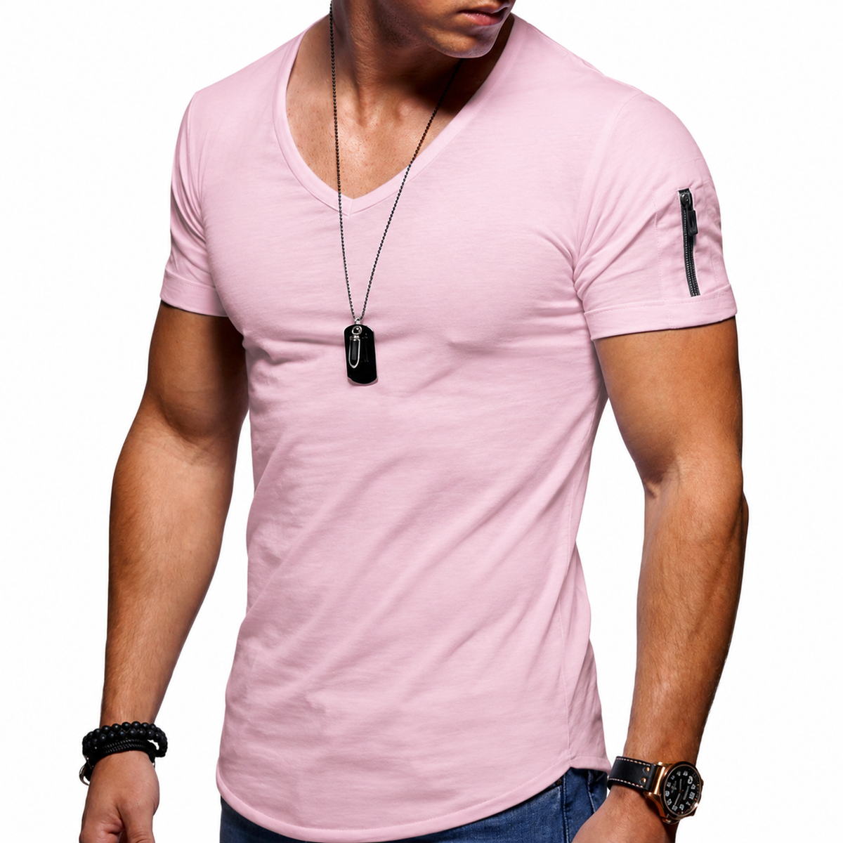 Heren T-shirt Korte Mouw met V-hals en Ritsdetail Slim Fit Roze
