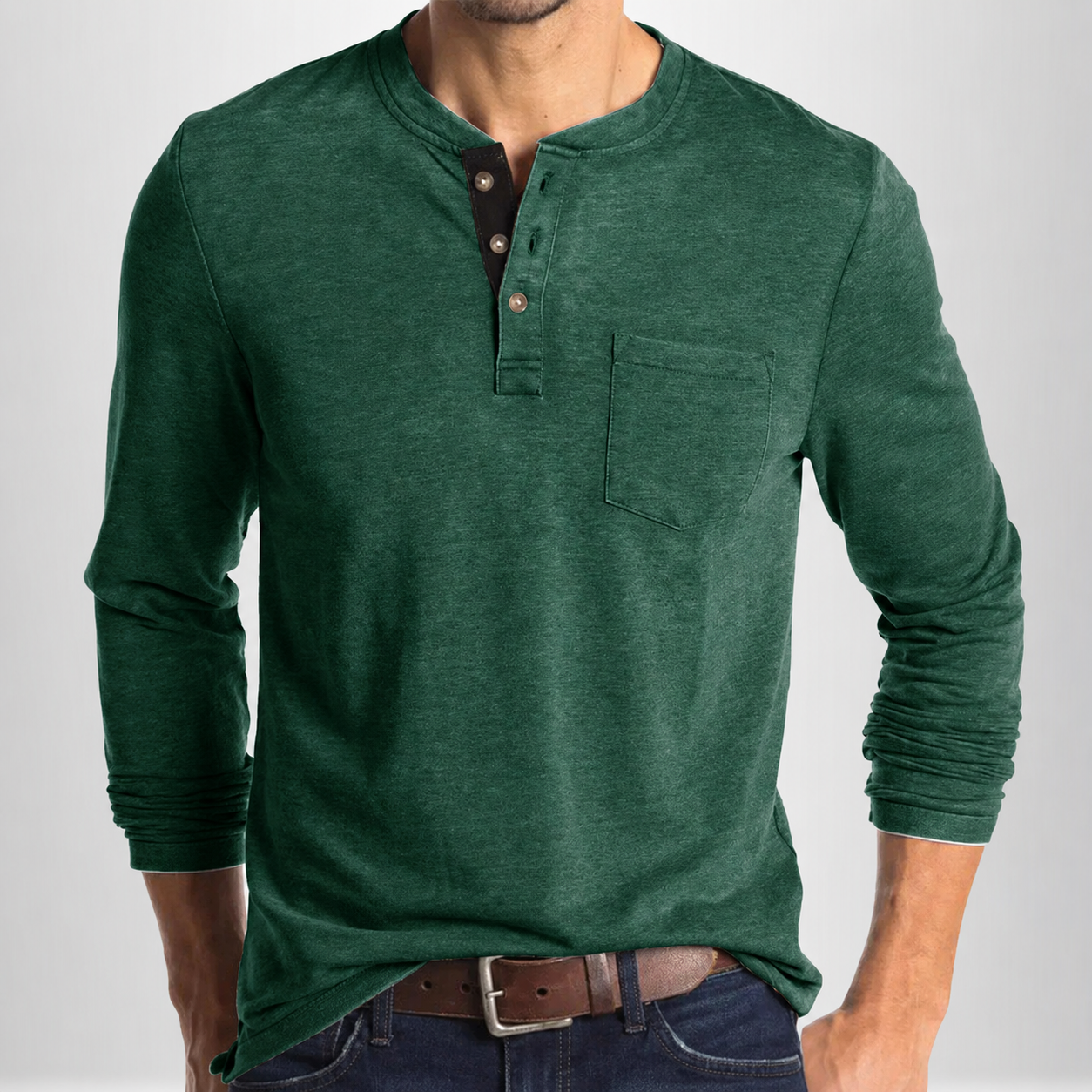 Heren T-shirt Lange Mouw met Henley Kraag en Borstzakje Groen