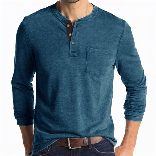Heren T-shirt Lange Mouw met Henley Kraag en Borstzakje