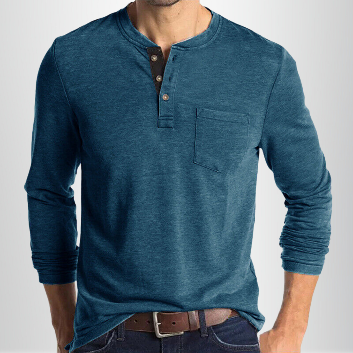 Heren T-shirt Lange Mouw met Henley Kraag en Borstzakje Blauw