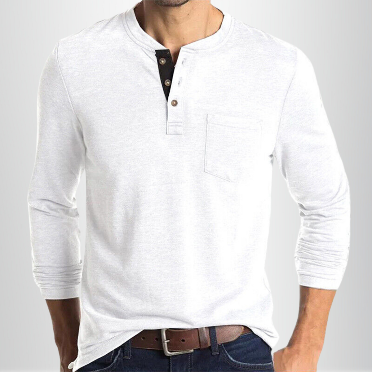 Heren T-shirt Lange Mouw met Henley Kraag en Borstzakje Wit