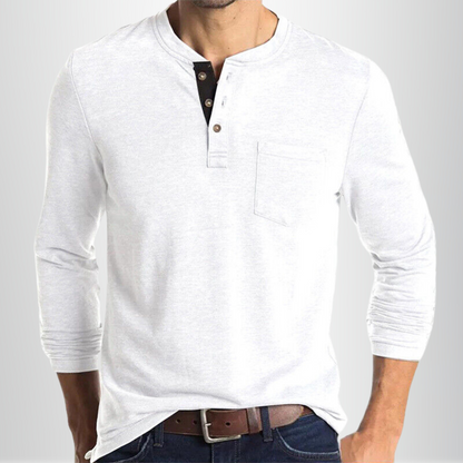 Heren T-shirt Lange Mouw met Henley Kraag en Borstzakje Wit