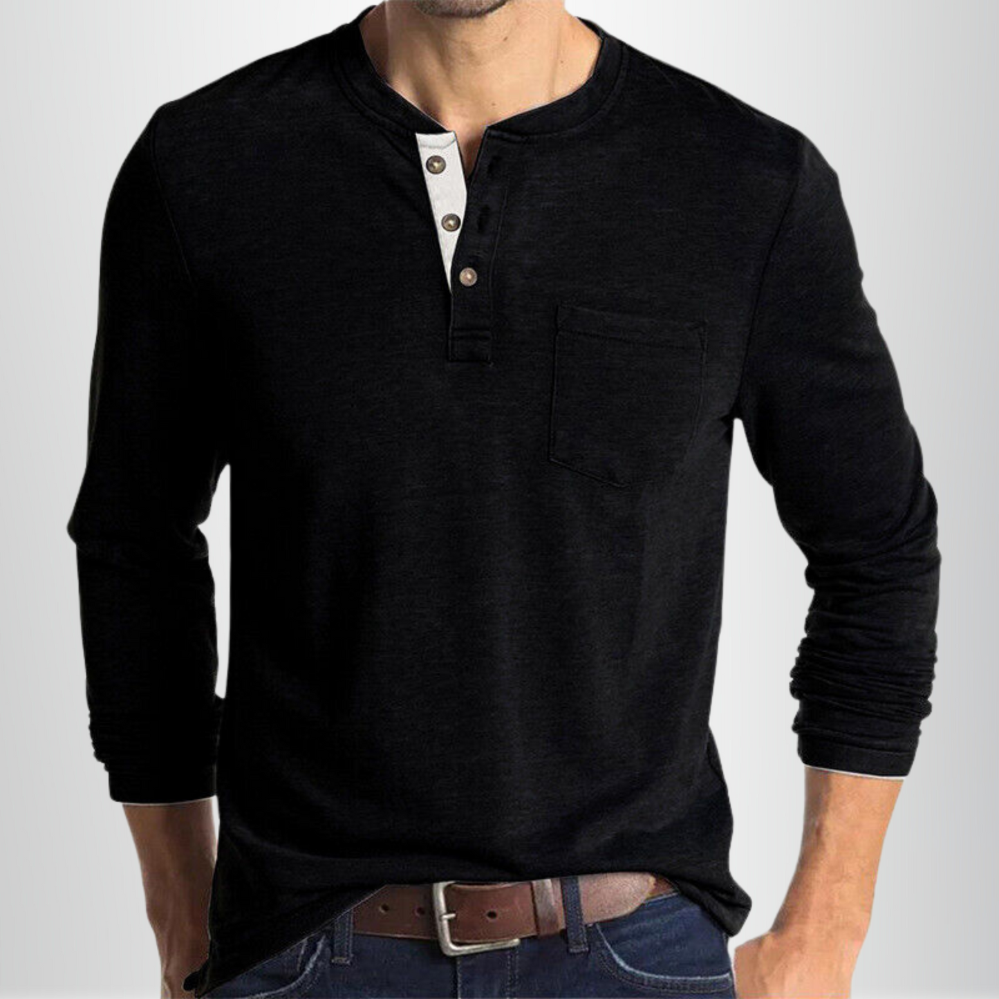 Heren T-shirt Lange Mouw met Henley Kraag en Borstzakje Zwart