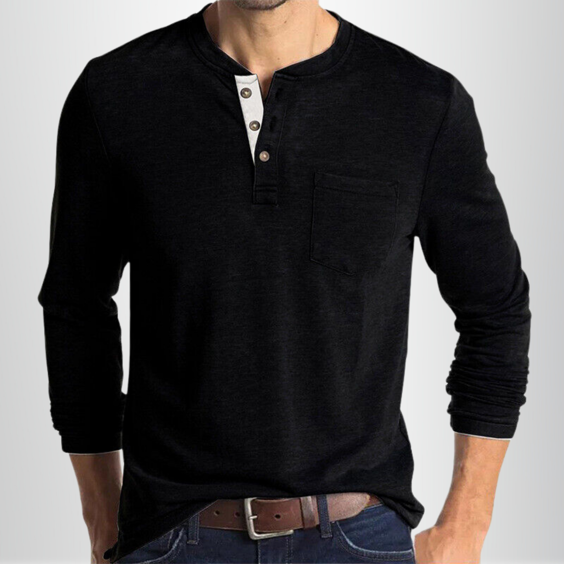 Heren T-shirt Lange Mouw met Henley Kraag en Borstzakje Zwart