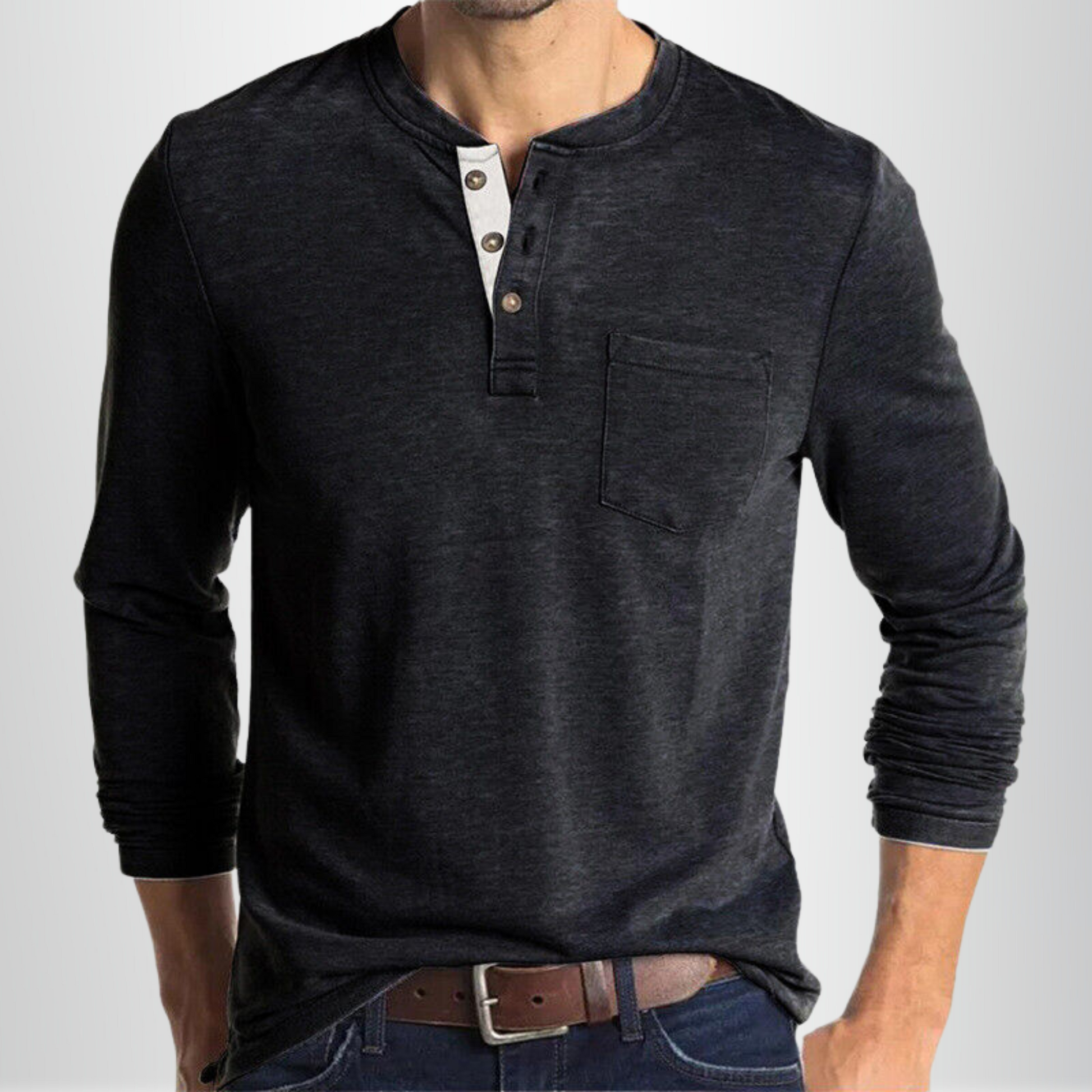 Heren T-shirt Lange Mouw met Henley Kraag en Borstzakje