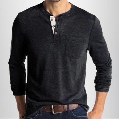 Heren T-shirt Lange Mouw met Henley Kraag en Borstzakje