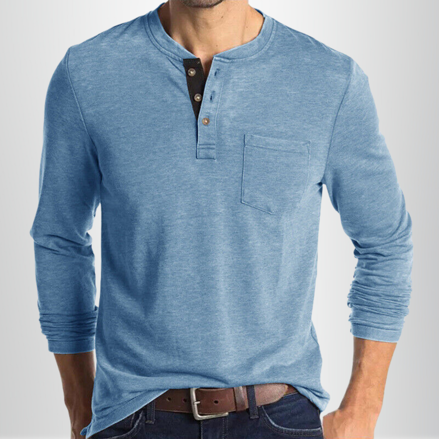 Heren T-shirt Lange Mouw met Henley Kraag en Borstzakje Lichtblauw