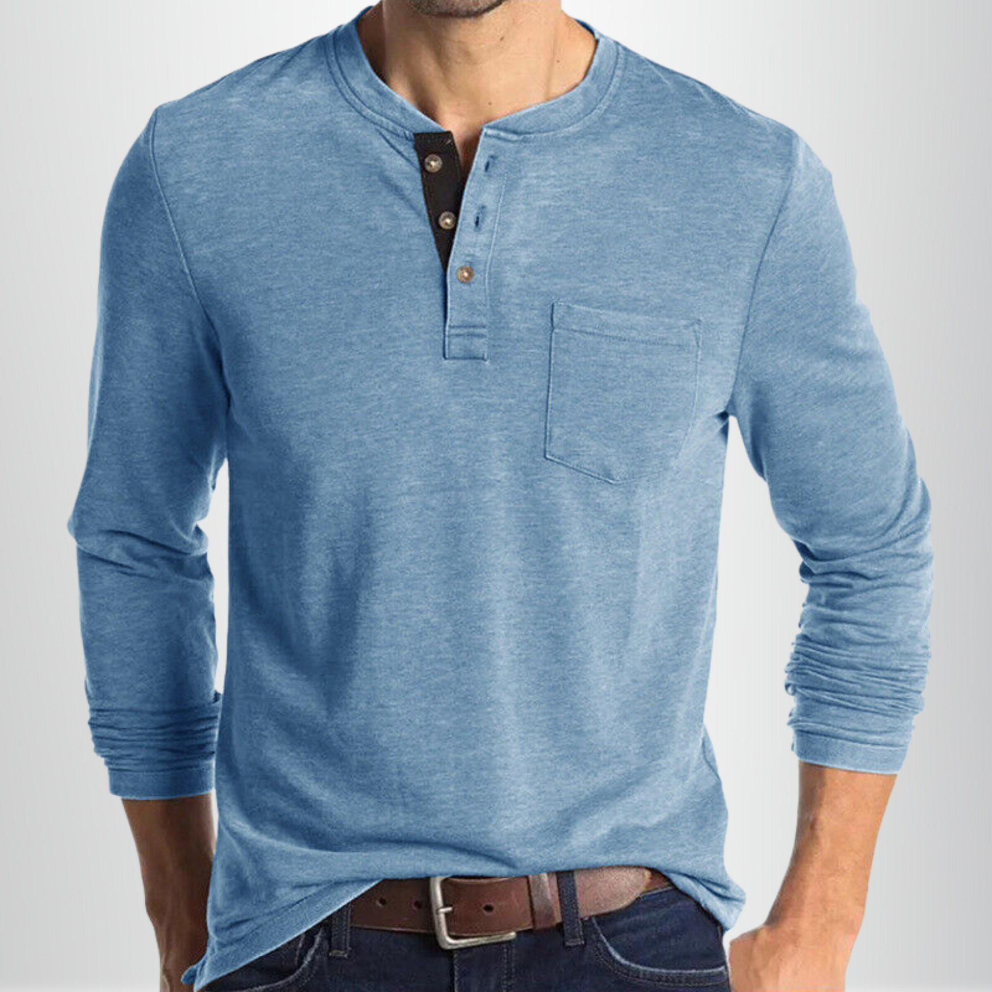 Heren T-shirt Lange Mouw met Henley Kraag en Borstzakje Lichtblauw