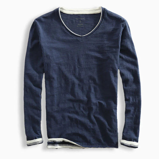 Heren T-shirt Lange Mouw met V-hals en Contrastbies Vintage Fit Marineblauw