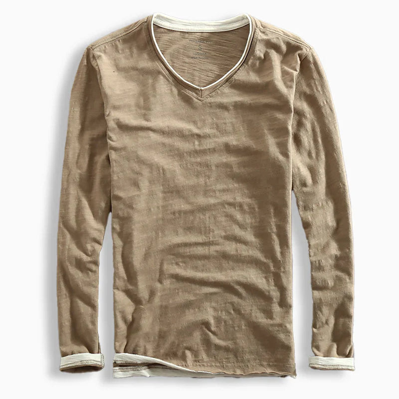 Heren T-shirt Lange Mouw met V-hals en Contrastbies Vintage Fit Bruin