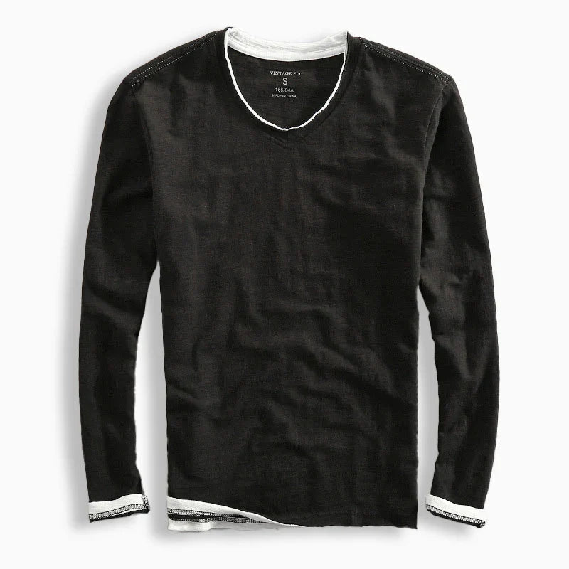 Heren T-shirt Lange Mouw met V-hals en Contrastbies Vintage Fit Zwart