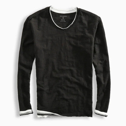Heren T-shirt Lange Mouw met V-hals en Contrastbies Vintage Fit Zwart