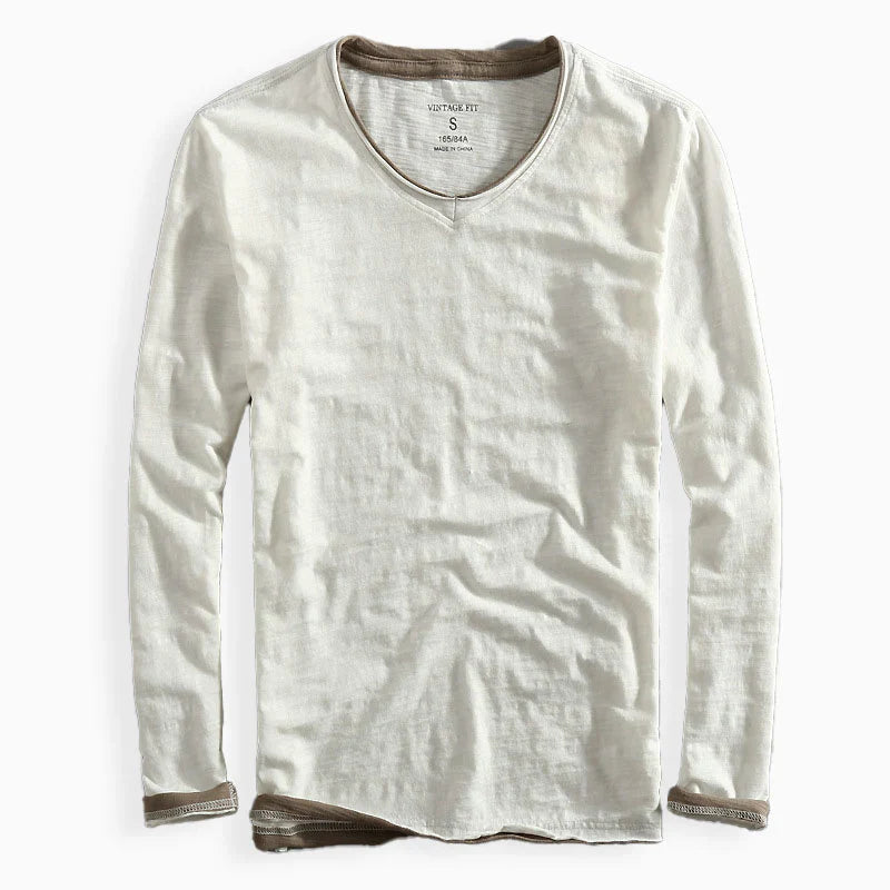 Heren T-shirt Lange Mouw met V-hals en Contrastbies Vintage Fit Wit
