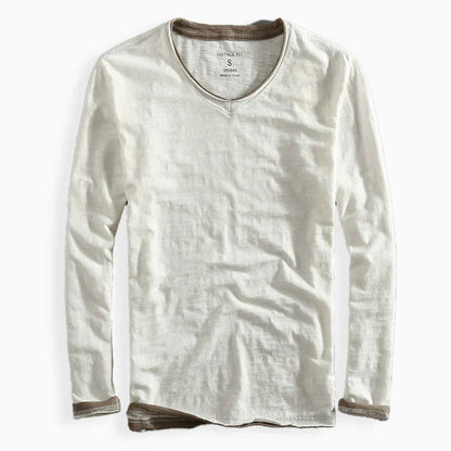 Heren T-shirt Lange Mouw met V-hals en Contrastbies Vintage Fit Wit
