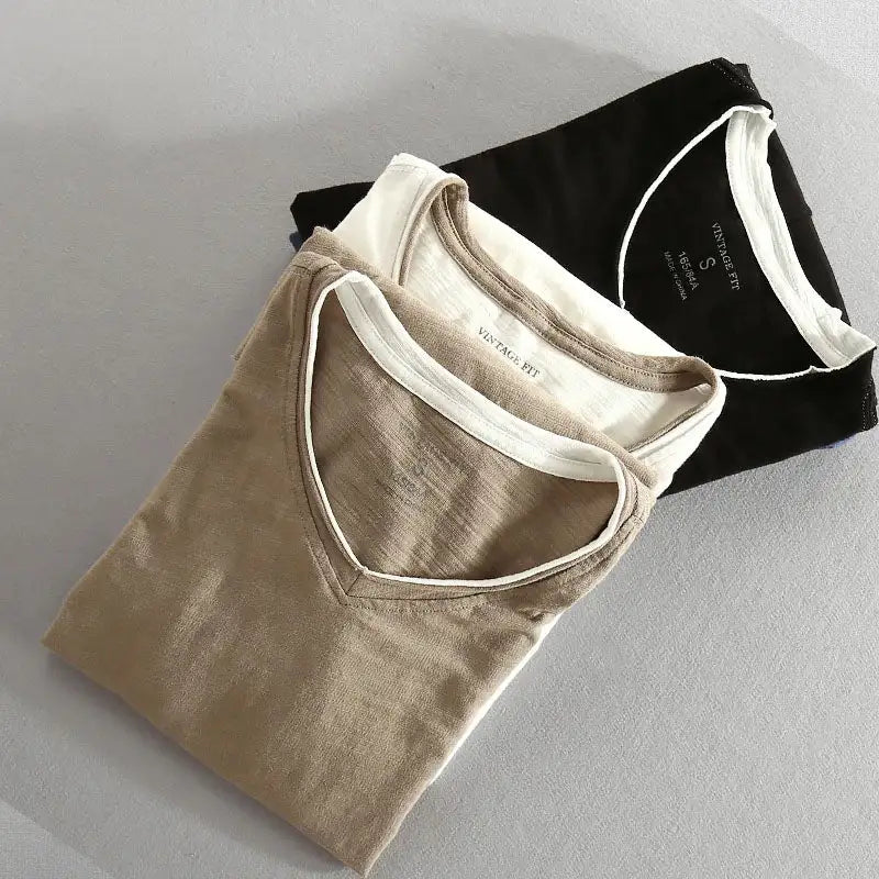 Heren T-shirt Lange Mouw met V-hals en Contrastbies Vintage Fit